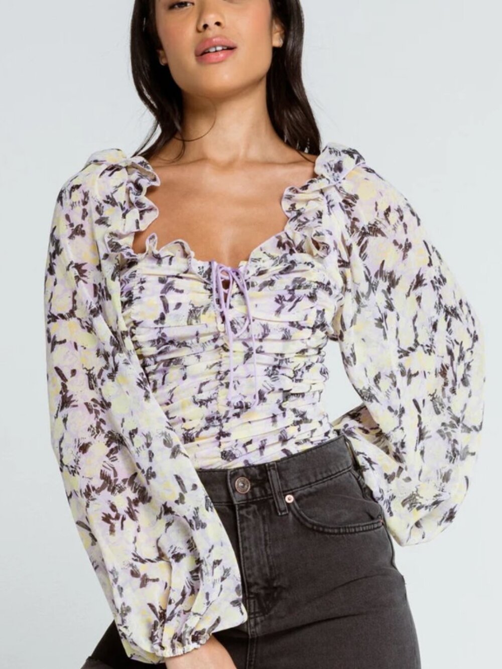 Free People Mabel Printed Blouse Floral Ruched Long-Sleeve Top Size Small